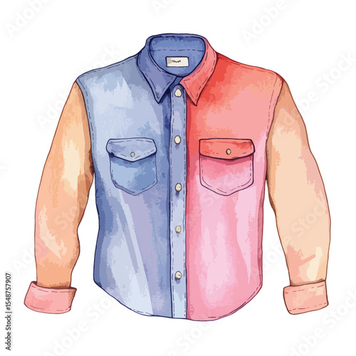 Watercolor Style Shirt with Contrasting Blue and Pink Panels and Rolled Sleeves