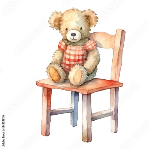 Watercolor Teddy Bear Seated on a Wooden Chair Charming Illustration