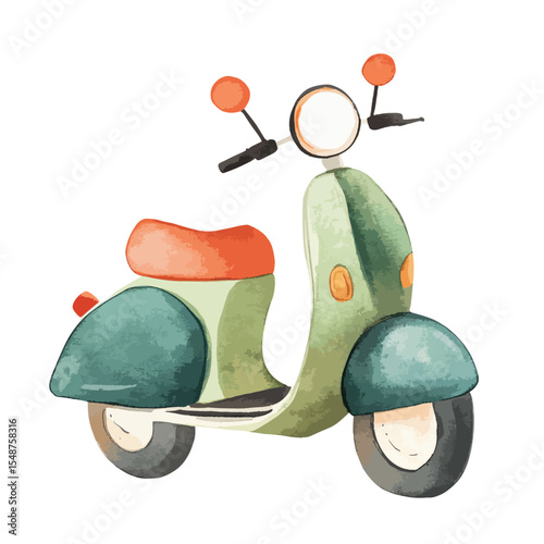 Watercolor Vintage Scooter with Teal and Orange Accents