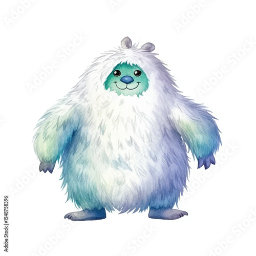 Watercolor Yeti with Fluffy Fur and Smiling Face Standing Proudly