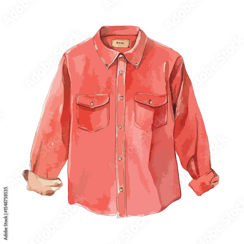 Watercolorstyle illustration of a longsleeved coral shirt with buttoned pockets and rolledup cuffs
