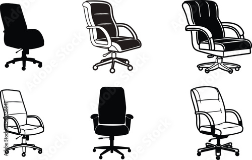Black and White Executive Office Chair Clipart, Ergonomic Swivel Seat Illustration.