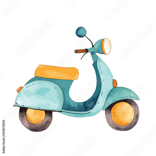 WatercolorStyle Vintage Teal Scooter with Yellow Accents