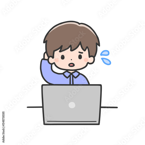 パソコンの前で困った表情をする男の子