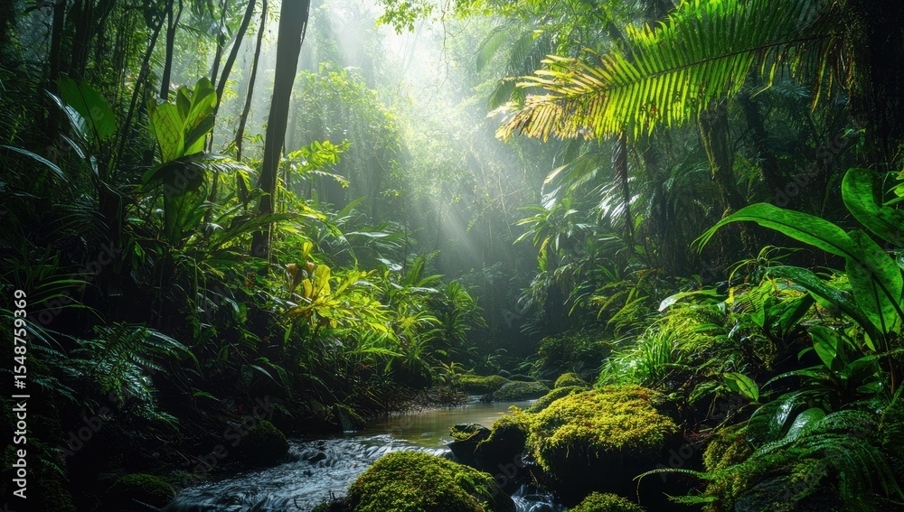 Fototapeta premium Lush tropical jungle bathed in sunlight