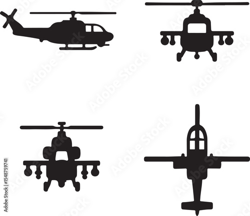 military helicopter silhouette icons set side, front, back, and top views vector art illustration
