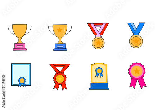 Award, trophy, cup and medal flat icon set - color illustration