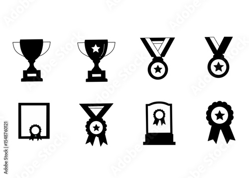 Award, trophy, cup and medal flat icon set - black illustration