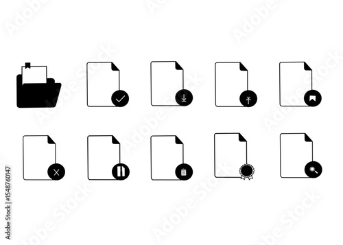 Document web icons including folders, files, and checklists displayed in a line vector style suitable for various digital applications
