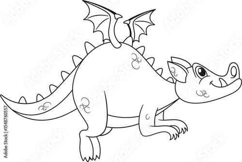 Cute flying dragon black-and-white vector illustration