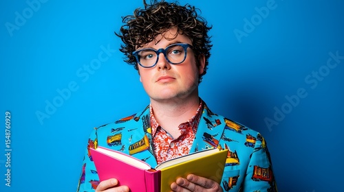 Stylish Person Holding Colorful Book Against Bright Blue Background