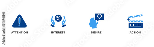 AIDA banner web icon illustration concept for attention interest desire action with icon of promotion, target, vision, store, ecommerce, and buying