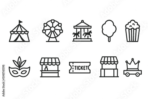 Amusement park outline icons - funfair, carnival, and festival symbols in line style: carousel horse, ferris wheel, clown, shooting gallery, teddy bear booth, food truck, circus tent, spin wheel.