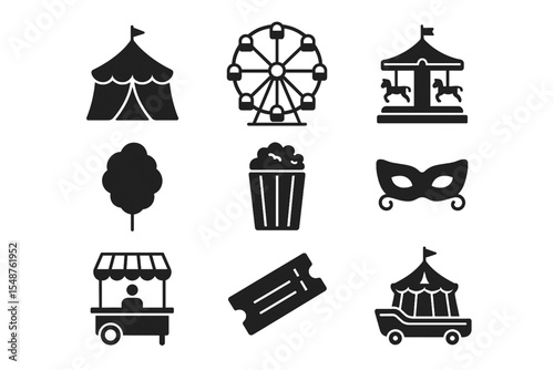 Amusement park outline icons - funfair, carnival, and festival symbols in line style: carousel horse, ferris wheel, clown, shooting gallery, teddy bear booth, food truck, circus tent, spin wheel.
