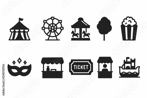 Amusement park outline icons - funfair, carnival, and festival symbols in line style: carousel horse, ferris wheel, clown, shooting gallery, teddy bear booth, food truck, circus tent, spin wheel.