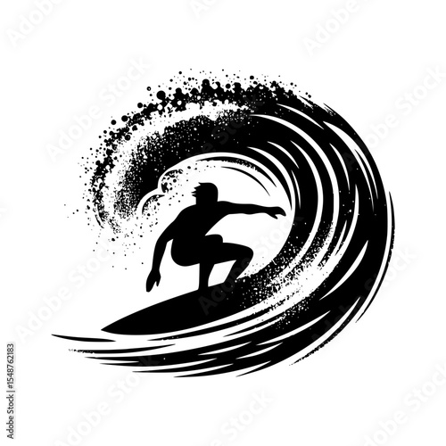 Surfer silhouette riding a powerful ocean wave