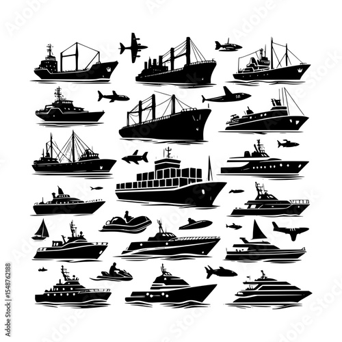 Collection of black silhouettes of various water vessels and aircraft