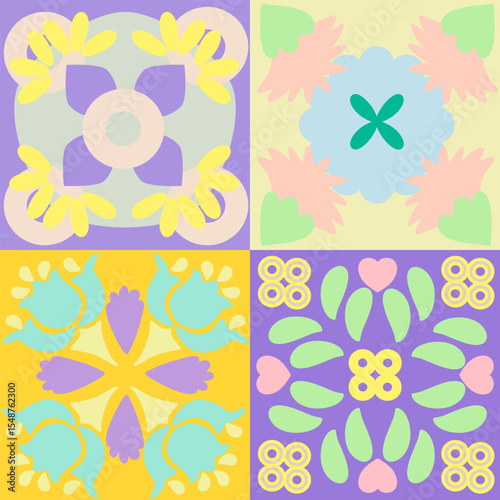 Vibrant digital pastel Rangoli pattern with a symmetrical artwork, geometric design reminiscent of Paint art.Festive backgrounds, cultural decorations, and celebrations.