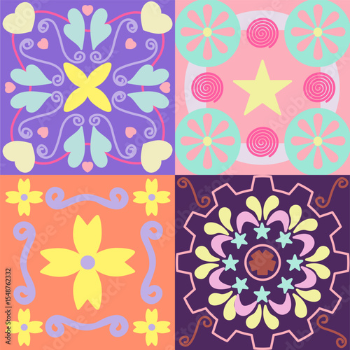 Vibrant digital pastel Rangoli pattern with a symmetrical artwork, geometric design reminiscent of Paint art.Festive backgrounds, cultural decorations, and celebrations.