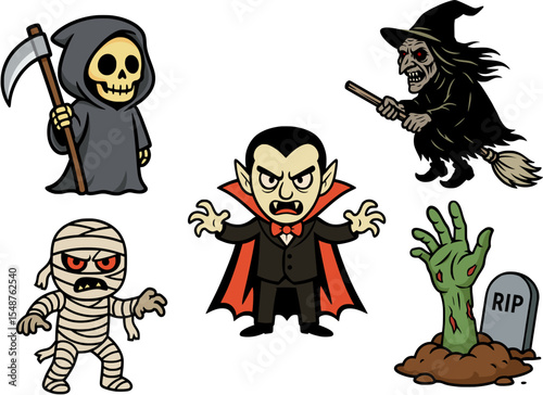 cartoon character halloween cute horror icon vector set sticker AI Generate	