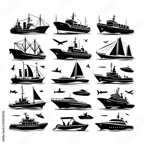 Collection of black and white watercraft silhouettes
