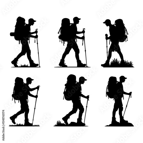 Six silhouettes of hikers with backpacks and trekking poles