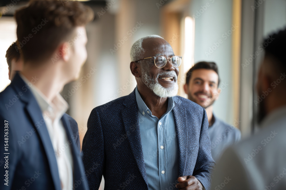Engaging senior leader smiling while interacting with colleagues in modern office setting Engaging senior leader smiling while interacting with colleagues in modern office setting