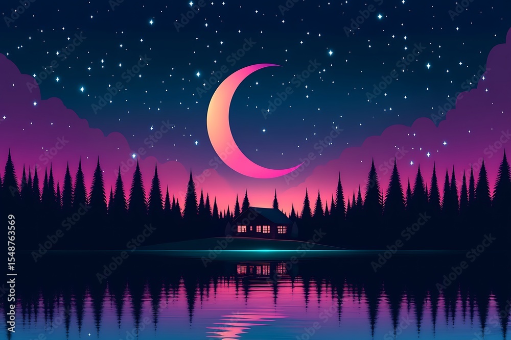 Fototapeta premium A beautiful crescent moon shines over the forest at night