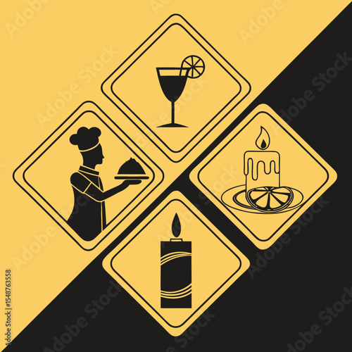 Service Industry Icon Set – Golden Diamond Signs with Black Waiter, Chef, Candle, Cocktail, and Wine Graphics