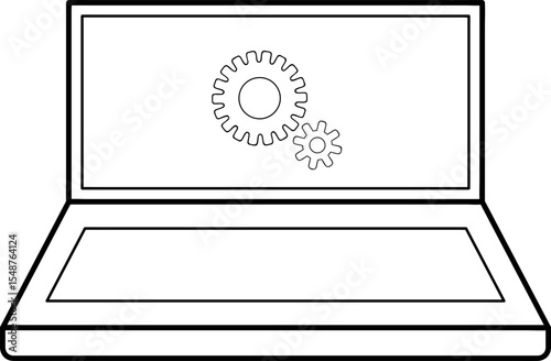 Laptop Screen Displaying Interlocking Gears: Minimalist Line Art