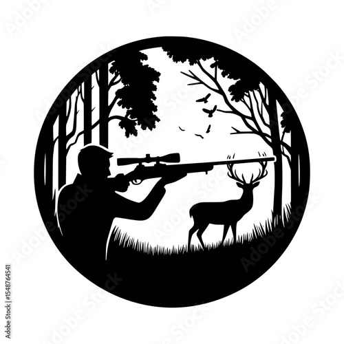 Hunter aiming rifle at deer in forest silhouette