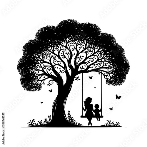 Mother and child silhouette on a tree swing