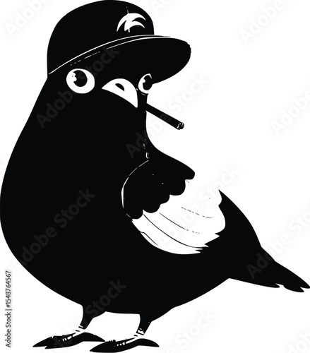 Cool pigeon silhouette wearing a baseball cap, smoking a cigar, editable vector illustration