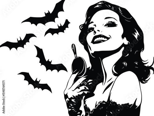 Silhouette of a smiling woman with bats, editable vector illustration, Halloween theme