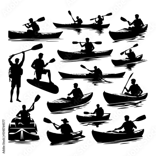 Kayaking silhouettes collection water sports and adventure