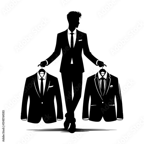 Stylish man silhouette holding two suits on hangers