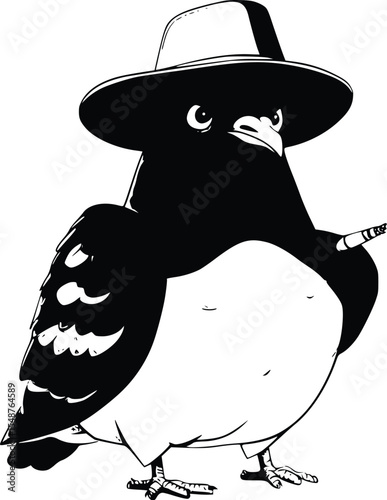 Cool pigeon silhouette wearing a fedora hat, smoking a cigarette, vector illustration