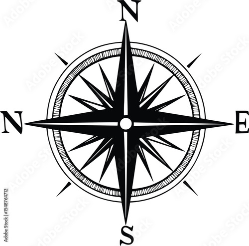Editable vector compass rose silhouette: nautical navigation symbol