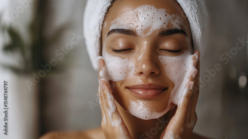 Calm woman with a towel on her head gently lathers foaming cleanser on her face, embracing a tranquil skincare moment. 