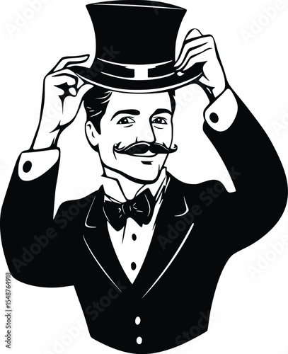 Silhouette of a smiling gentleman adjusting his top hat, editable vector illustration