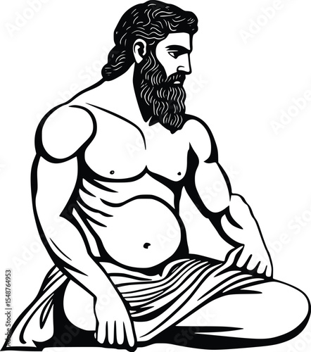 Seated muscular man silhouette, editable vector illustration, Greek god style, contemplative pose, black and white artwork, strong figure, ancient aesthetic,