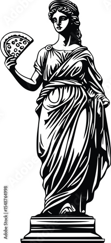 Editable vector silhouette of a classical statue woman holding pizza slice