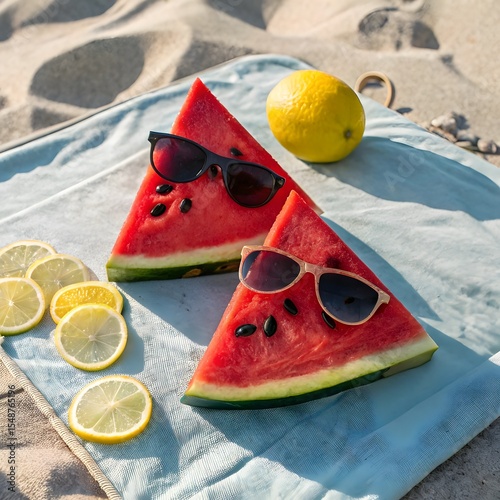 Melon Slices as Sunglasses, summer fruit, watermelon sunglasses, quirky summer, bright fruit concept, elegance, surreal, smooth, visual, cool, majestic, display, stunning, gorgeous, presentation