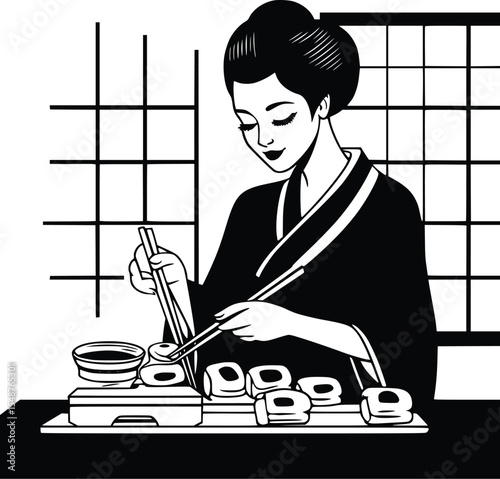 Silhouette of a woman in kimono preparing sushi, editable vector illustration