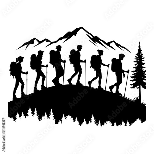 Silhouette of hikers trekking in mountains