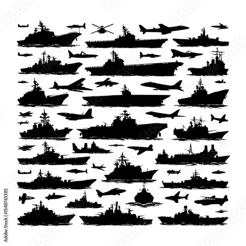 Collection of military ships and aircraft silhouettes