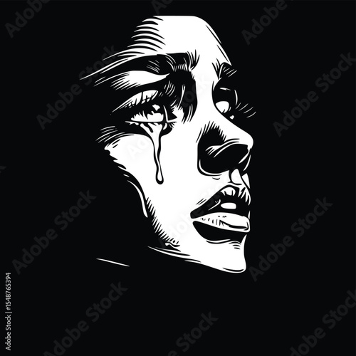 Woman's face silhouette, crying tears, dramatic expression, editable vector art, black and white illustration, profile view, emotional pain, graphic design