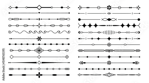 Set of black decorative line dividers with simple vintage ornaments and geometric vector designs

