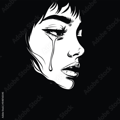 Silhouette of a woman crying, profile view, editable vector illustration, black and white art, emotional expression, graphic design element, sadness,