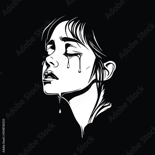 Silhouette of a weeping woman, editable vector art, profile view, monochrome illustration, expressive sadness, dramatic style, artistic portrait, emotional pain,